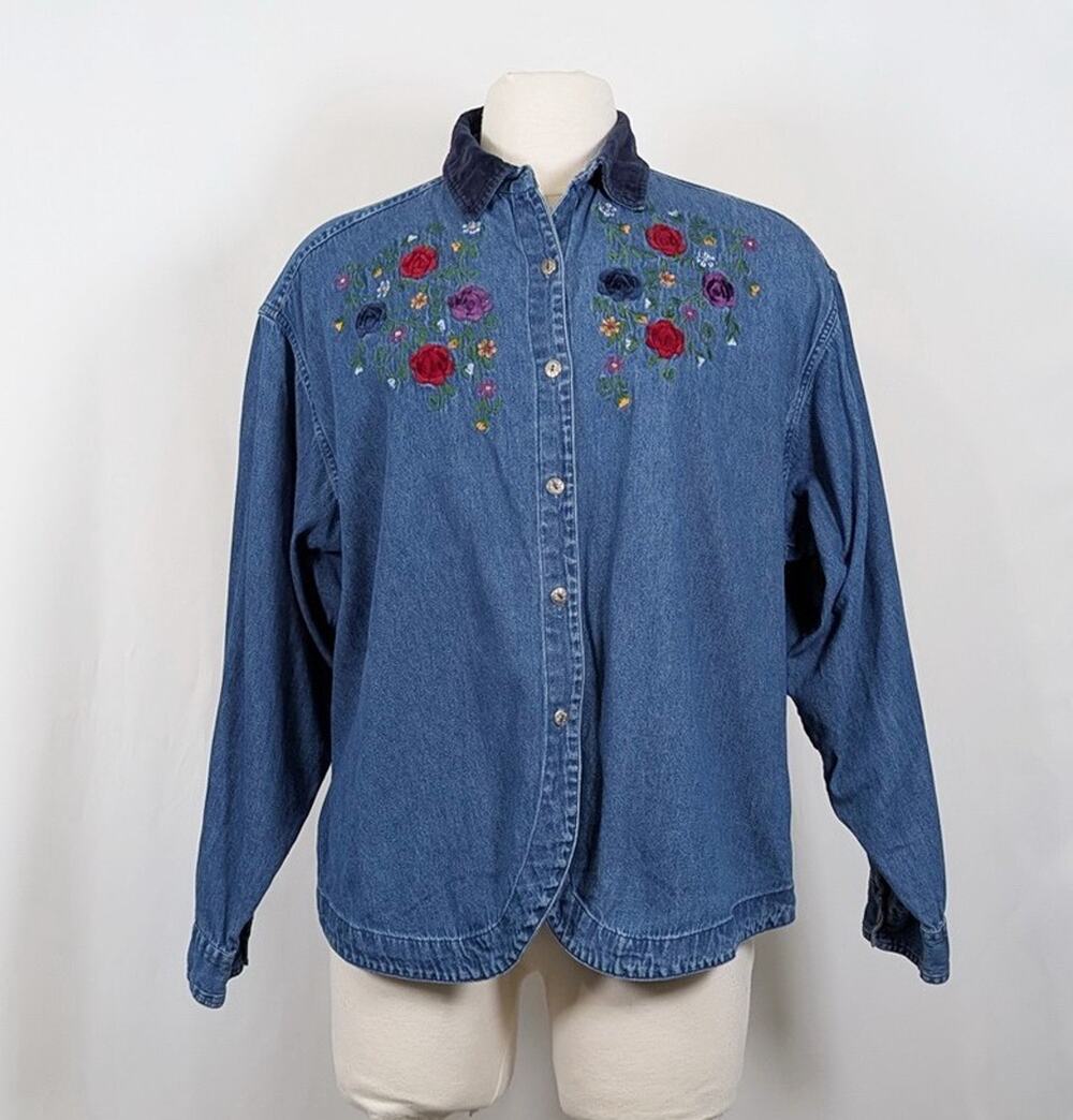 Vintage 90s Blouse Blue Denim Floral Embroidered Cottagecore Women's Size 22W